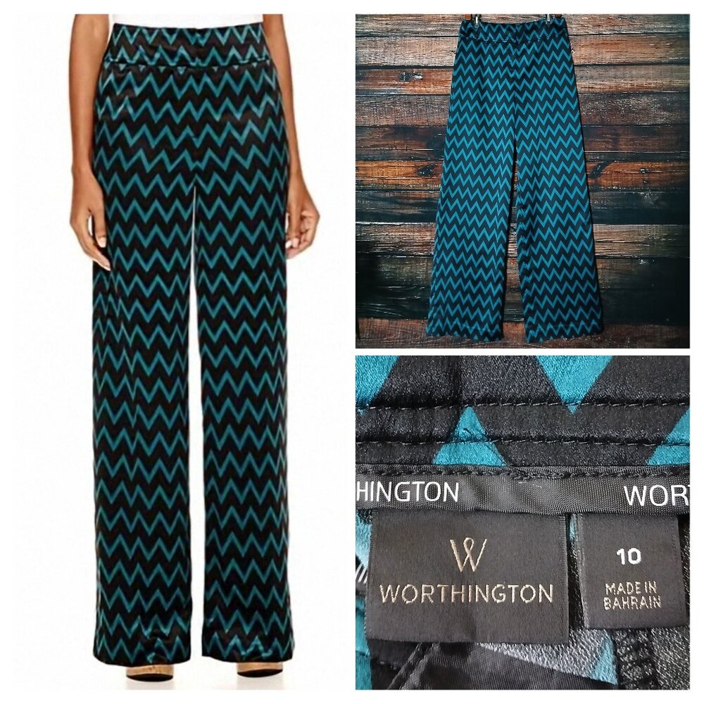 Worthington Pants 10 Modern Fit High Rise Wide Leg Satin Teal Black Chevron